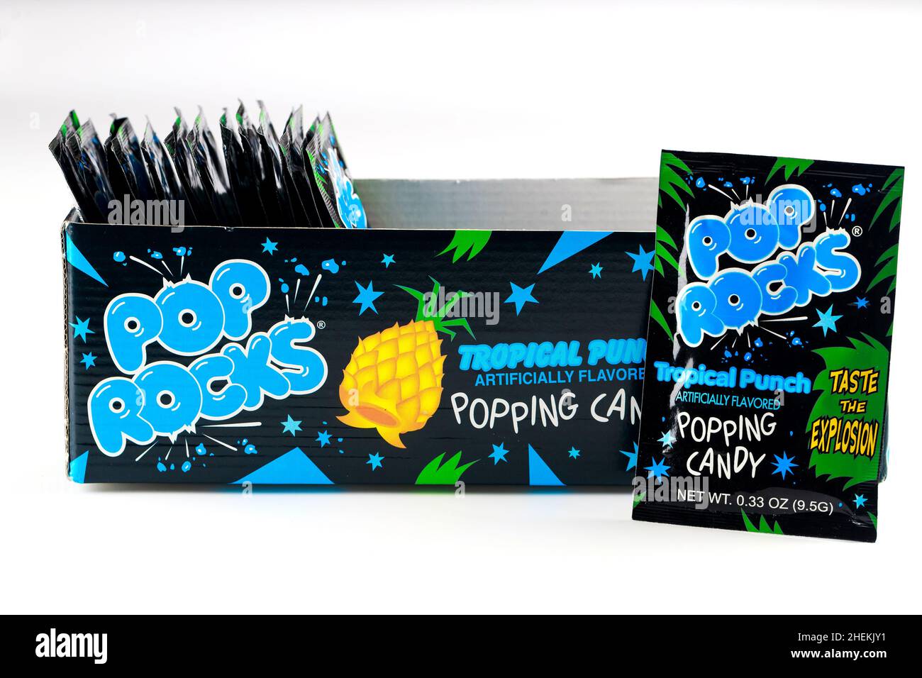 May 4, 2021. New York, US. Tropical punch Pop Rocks candy on white background. Stock Photo