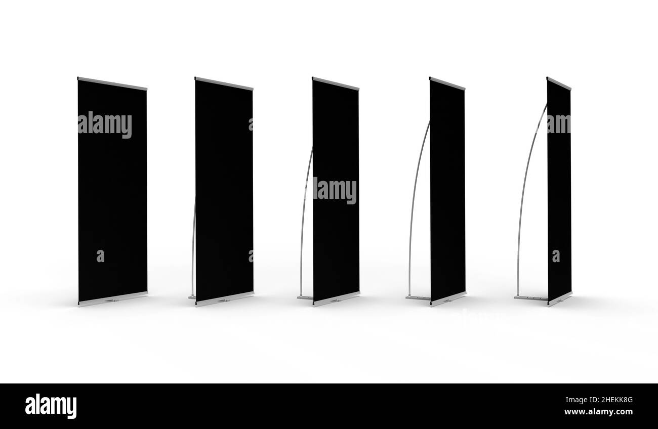Various angles of an indoor Exhibition Banner Stand 3d render with a black skin isolated on a white background for mockup and illustrations. Stock Photo
