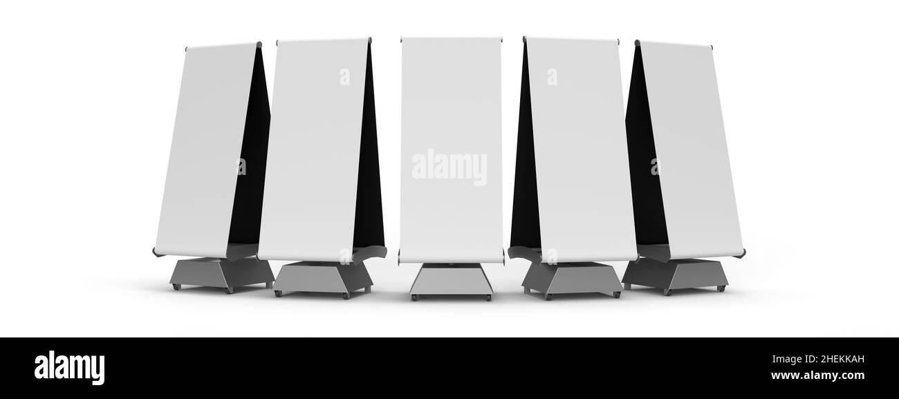 A Group of outdoor display banner stands positioned in an arch with