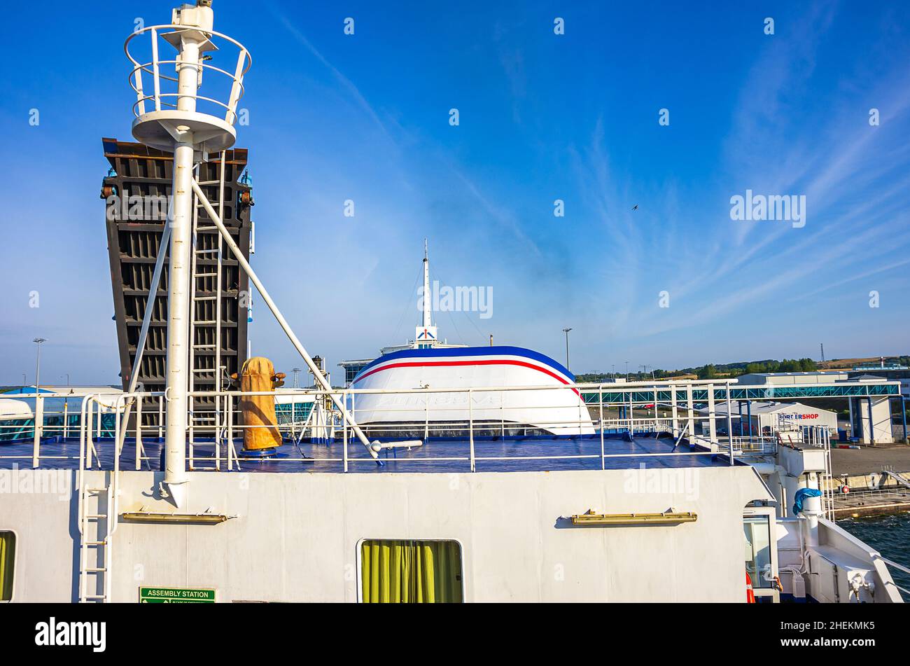 Sassnitz-Mukran Ferry Port, Mecklenburg-Western Pomerania, Germany - August 9, 2014: View of the ferry port across the bow of the rail ferry SASSNITZ. Stock Photo