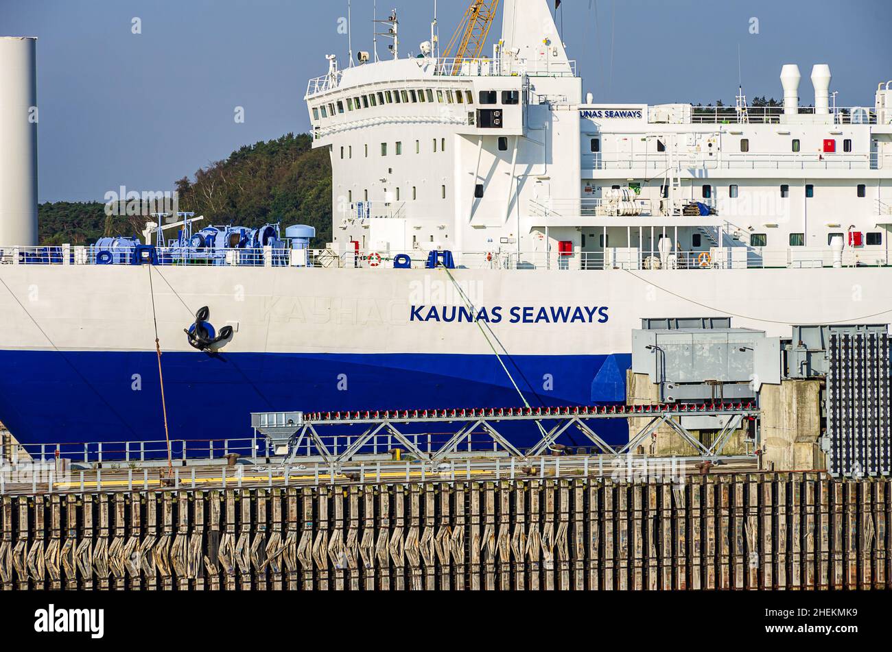 The KAUNAS SEAWAYS, a rail freight ferry, at the jetty in the ferry port of Sassnitz-Mukran, Mecklenburg-Western Pomerania, Germany, August 9, 2014. Stock Photo