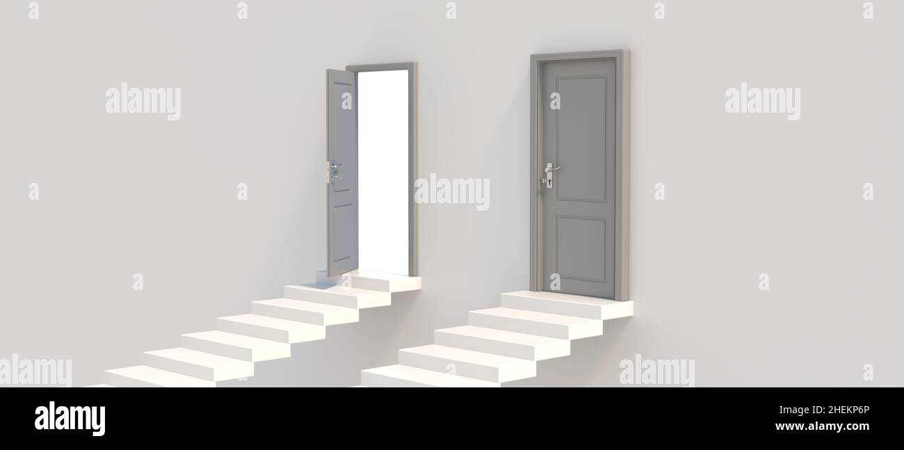 Open and closed door at the top of stairs. Rising straight staircase