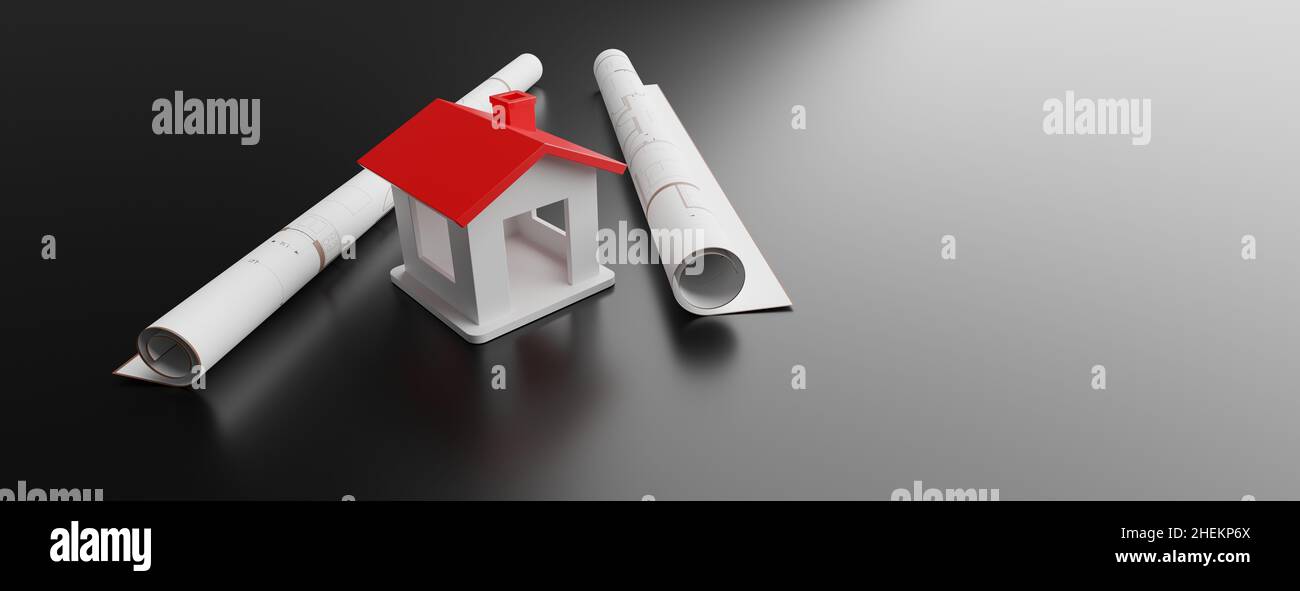 Architecture construction concept. Building project drawing and house model on black background, copy space. 3d illustration Stock Photo