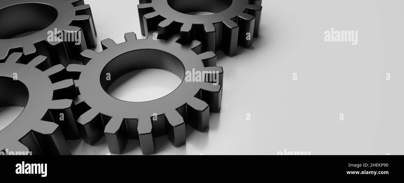 Engine gear wheel, industrial background. Black cogwheel on white background. Teamwork concept, 3d illustration Stock Photo