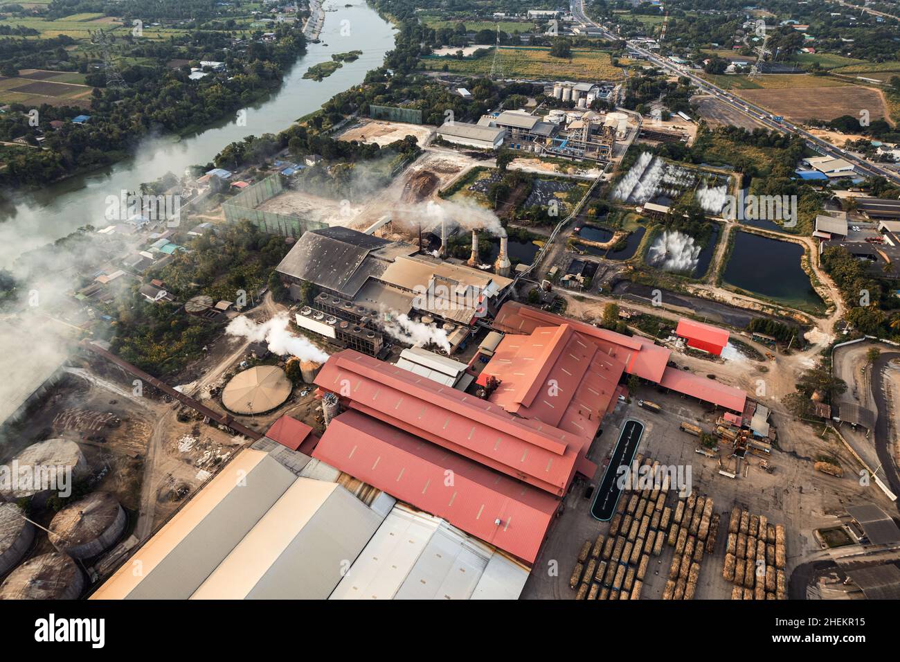 Aerial view of sugar bioethanol translation factory working with steam ...
