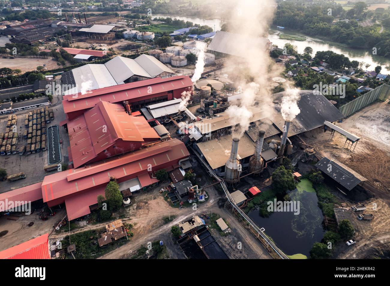 Aerial view of sugar bioethanol translation factory working with steam ...