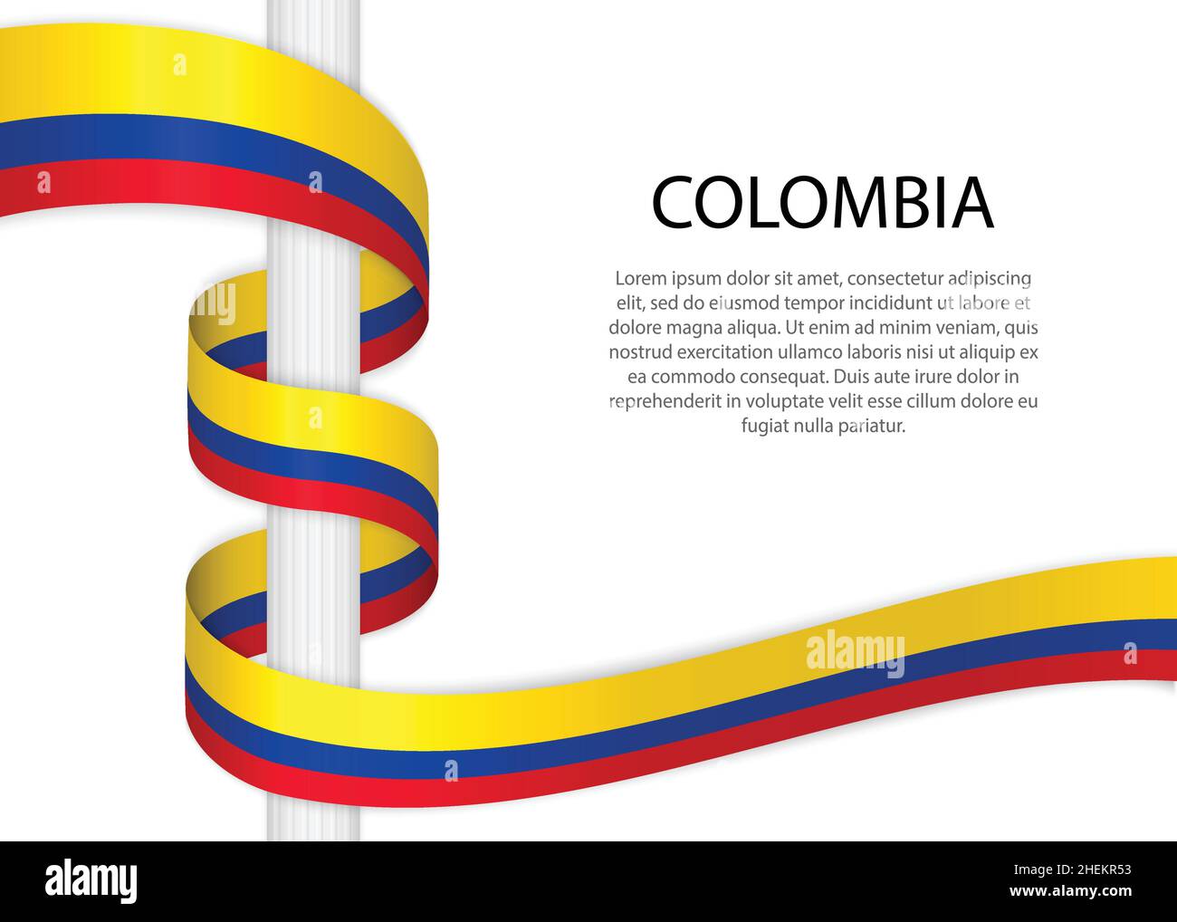 Waving ribbon on pole with flag of Colombia. Template for independence day poster design Stock Vector