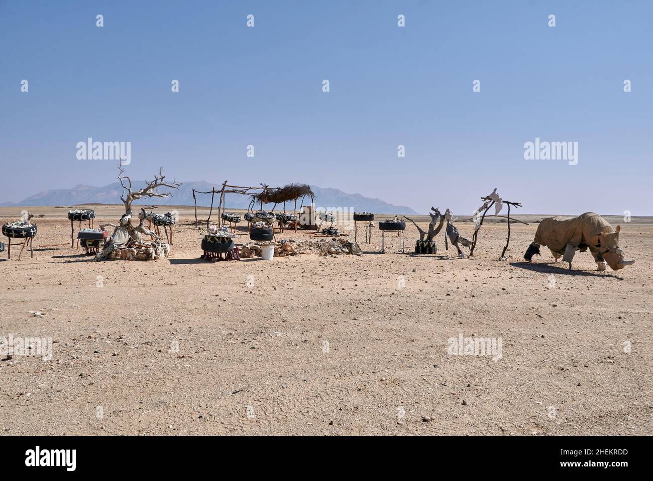 Outdoor tourist shop with crystals and rocks for sale in Namib desert, Uis, Namibia. Stock Photo