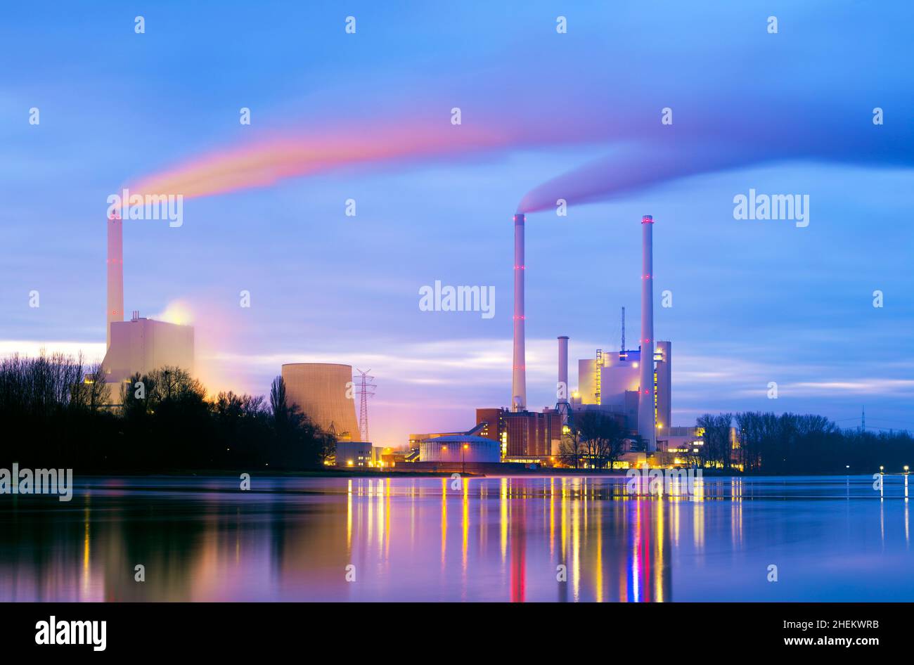 Illuminated coal power plant in Germany Stock Photo