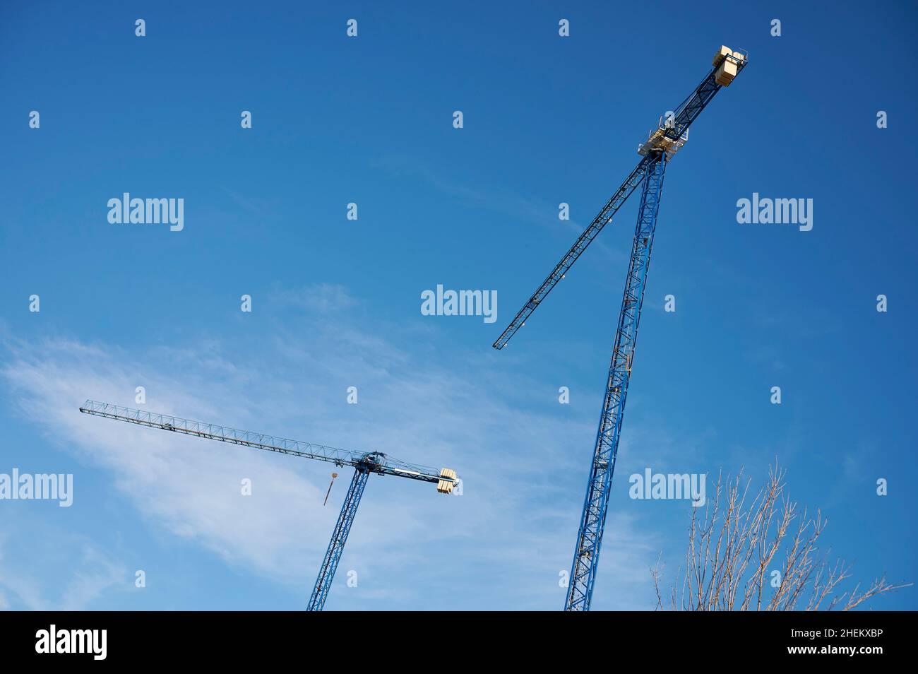 Construction cranes seen against a blue sky with clouds Stock Photo