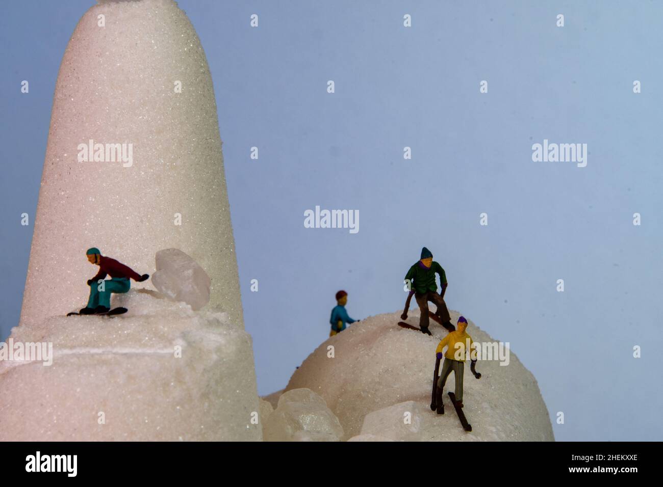 skiing and snowboarding on a mountain made from sugar still life Stock Photo