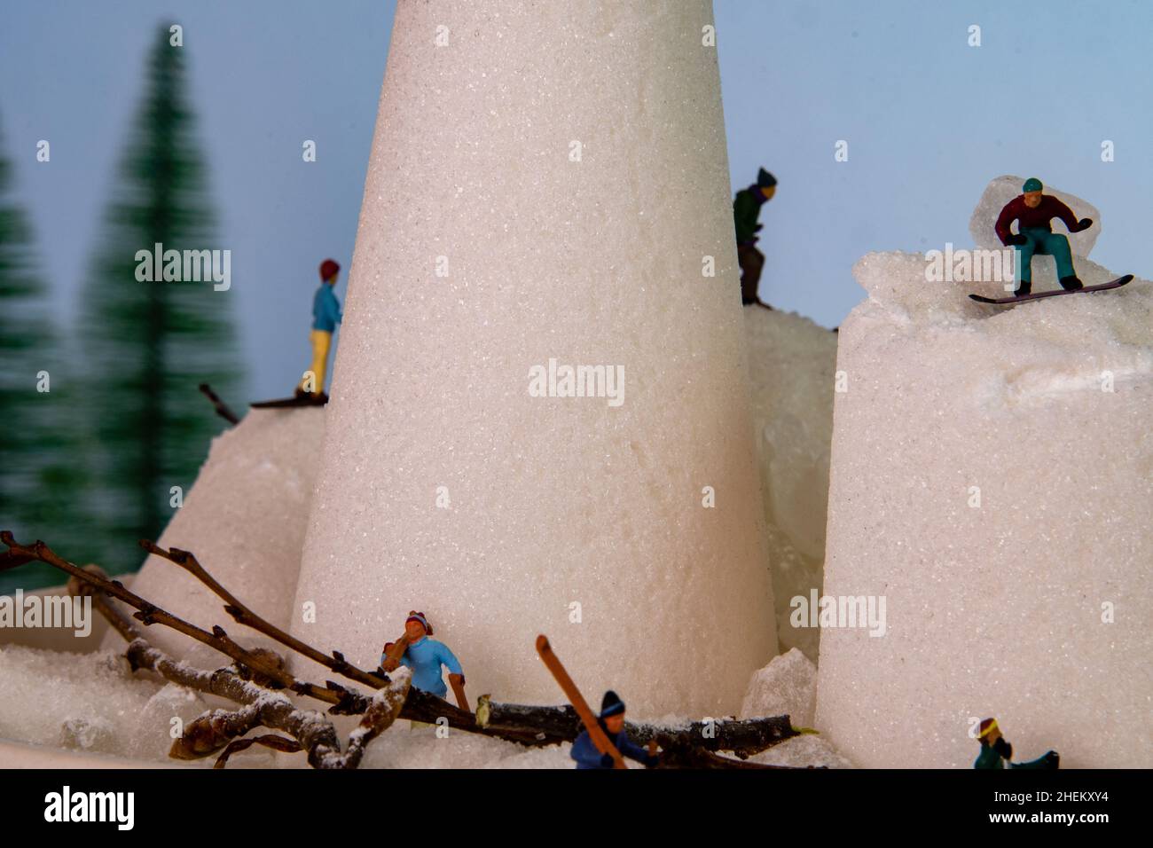 skiing and snowboarding on a mountain made from sugar still life Stock Photo