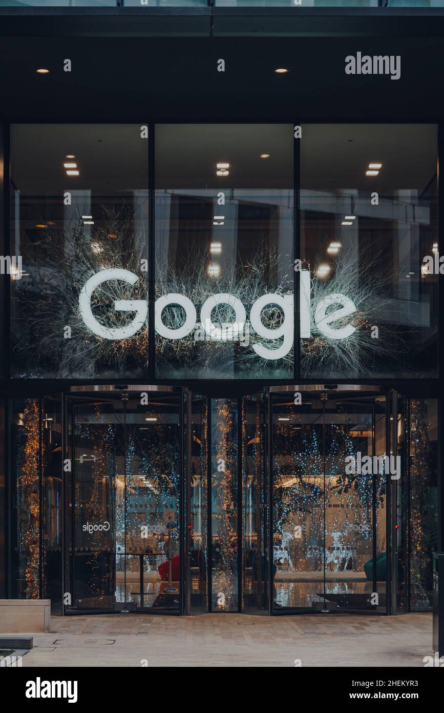 London, UK - January 01, 2022: Name sign above the entrance of Google offices in London. First Google office in the UK in opened in 2003 and has since Stock Photo