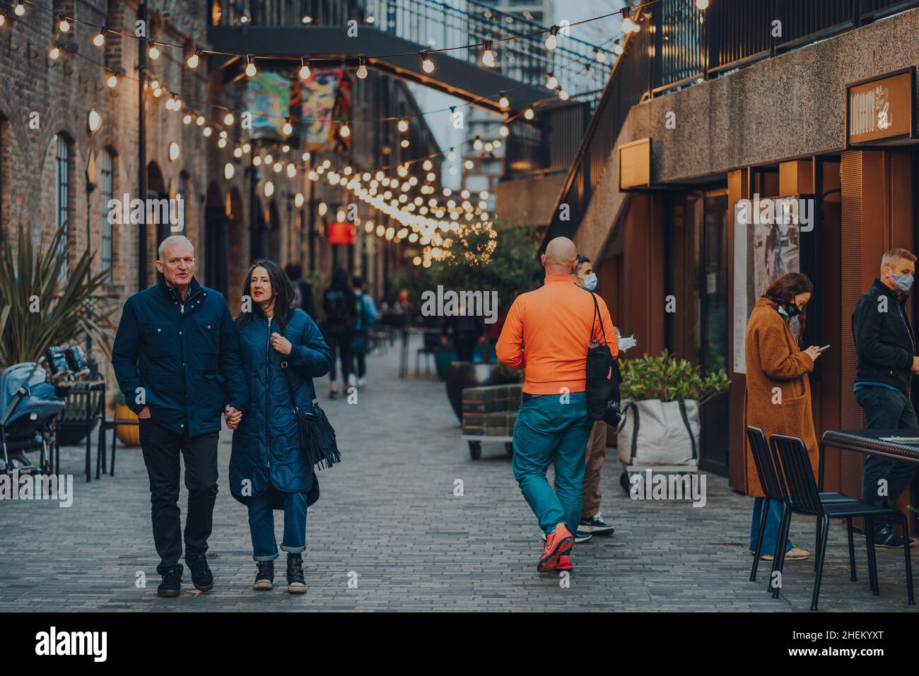 London, UK January 01, 2022 People walking under the lights in Coal