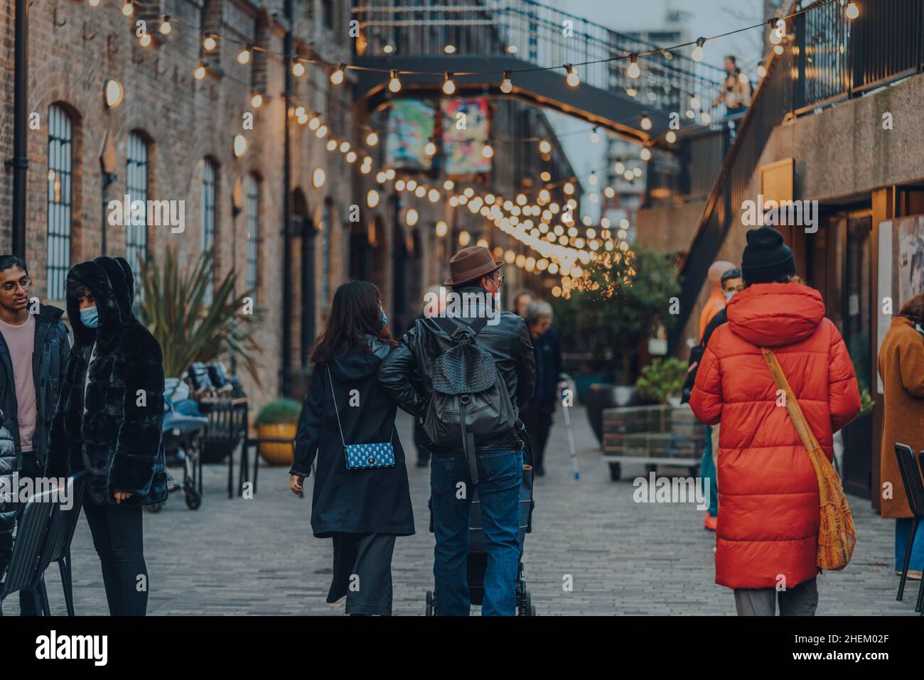 London, UK January 01, 2022 People walking under the lights in Coal