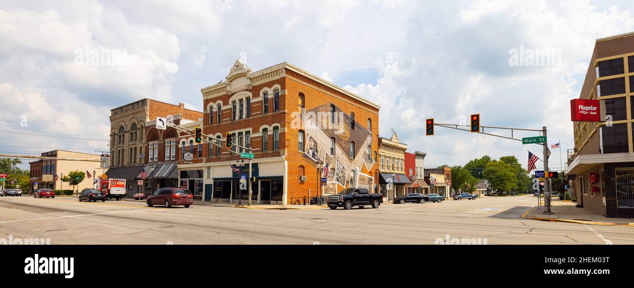 Bluffton, Indiana, USA August 21, 2021 The business district on Main
