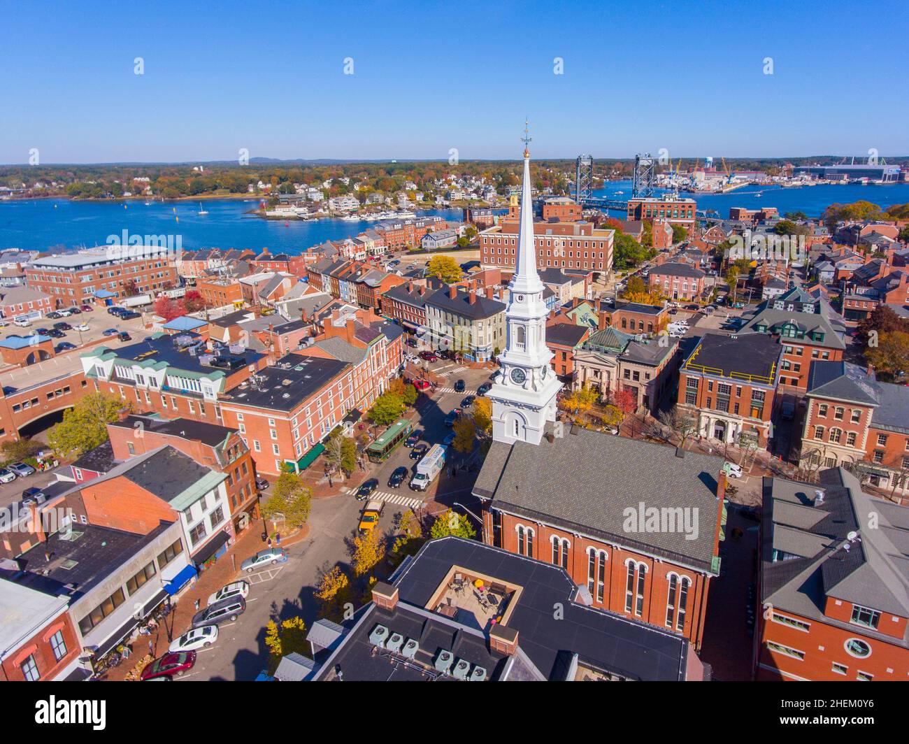 Portsmouth historic downtown aerial view at market square with historic