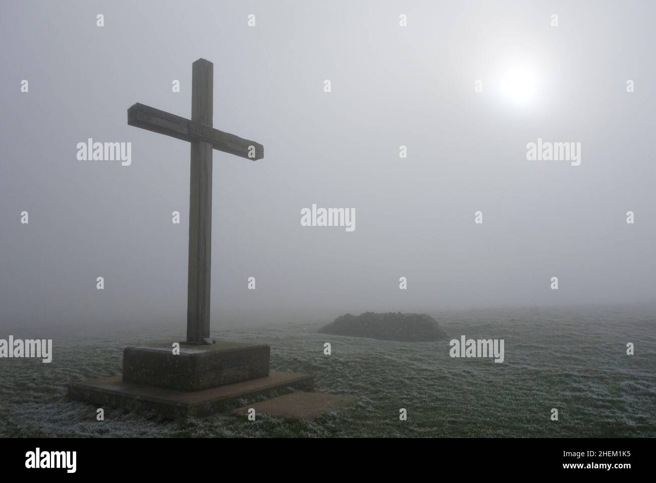 St Benet's Abbey altar cross in heavy fog Stock Photo