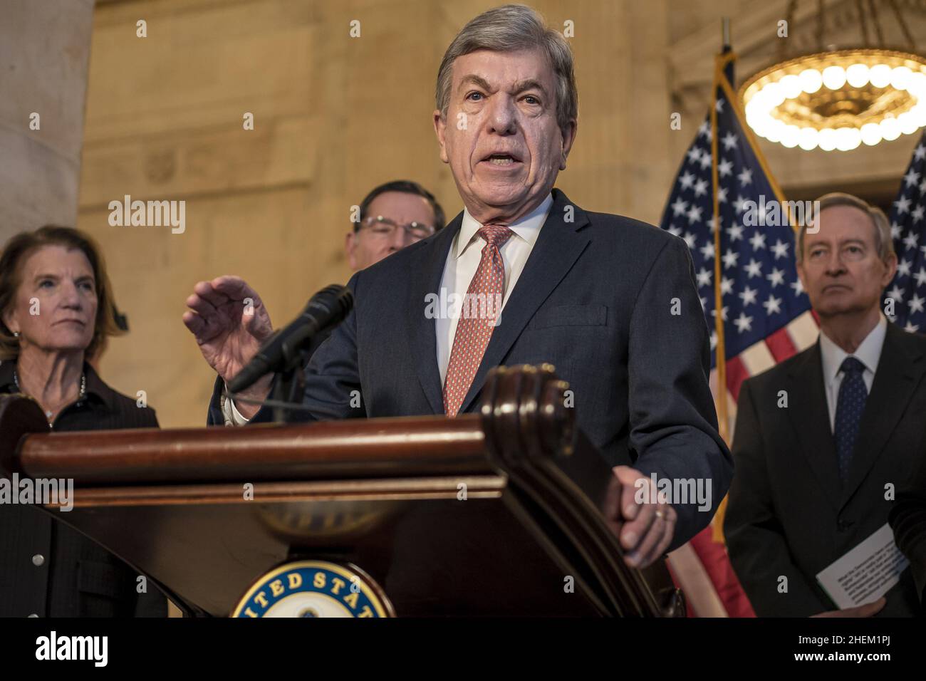 Washington, United States. 11th Jan, 2022. Sen. Roy Blunt R-MO, speaks to the media at a weekly Republican Caucus meeting on Capitol Hill in Washington, DC on Tuesday, January 11, 2022. Photo by Ken Cedeno/UPI . Credit: UPI/Alamy Live News Stock Photo