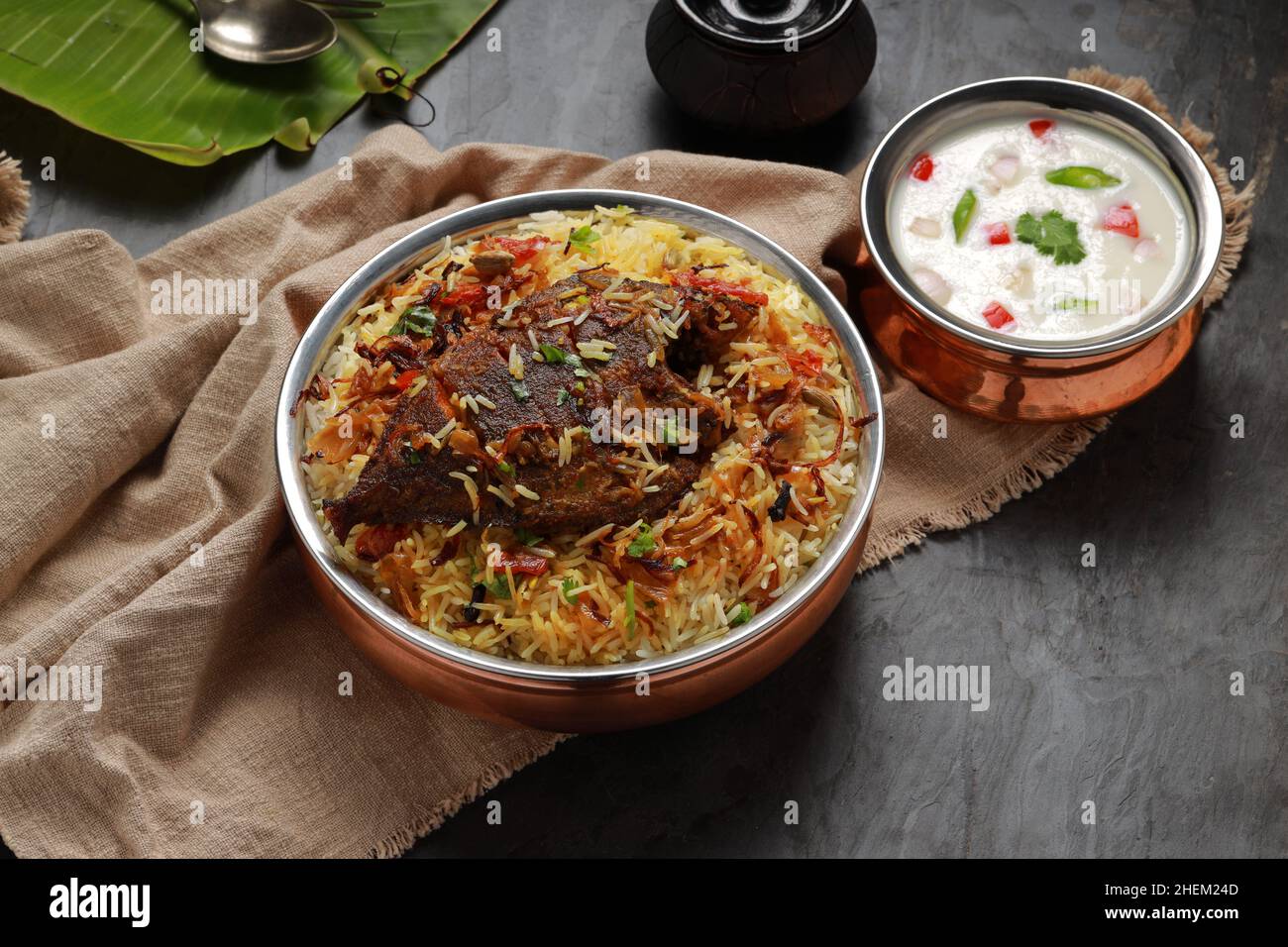 Fish Biriyani, South Indian style fish biriyani arranged traditionally