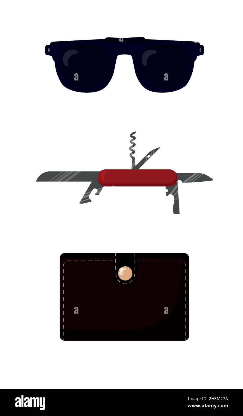 Male set of sunglasses, pocket knife, wallet. Stock Vector