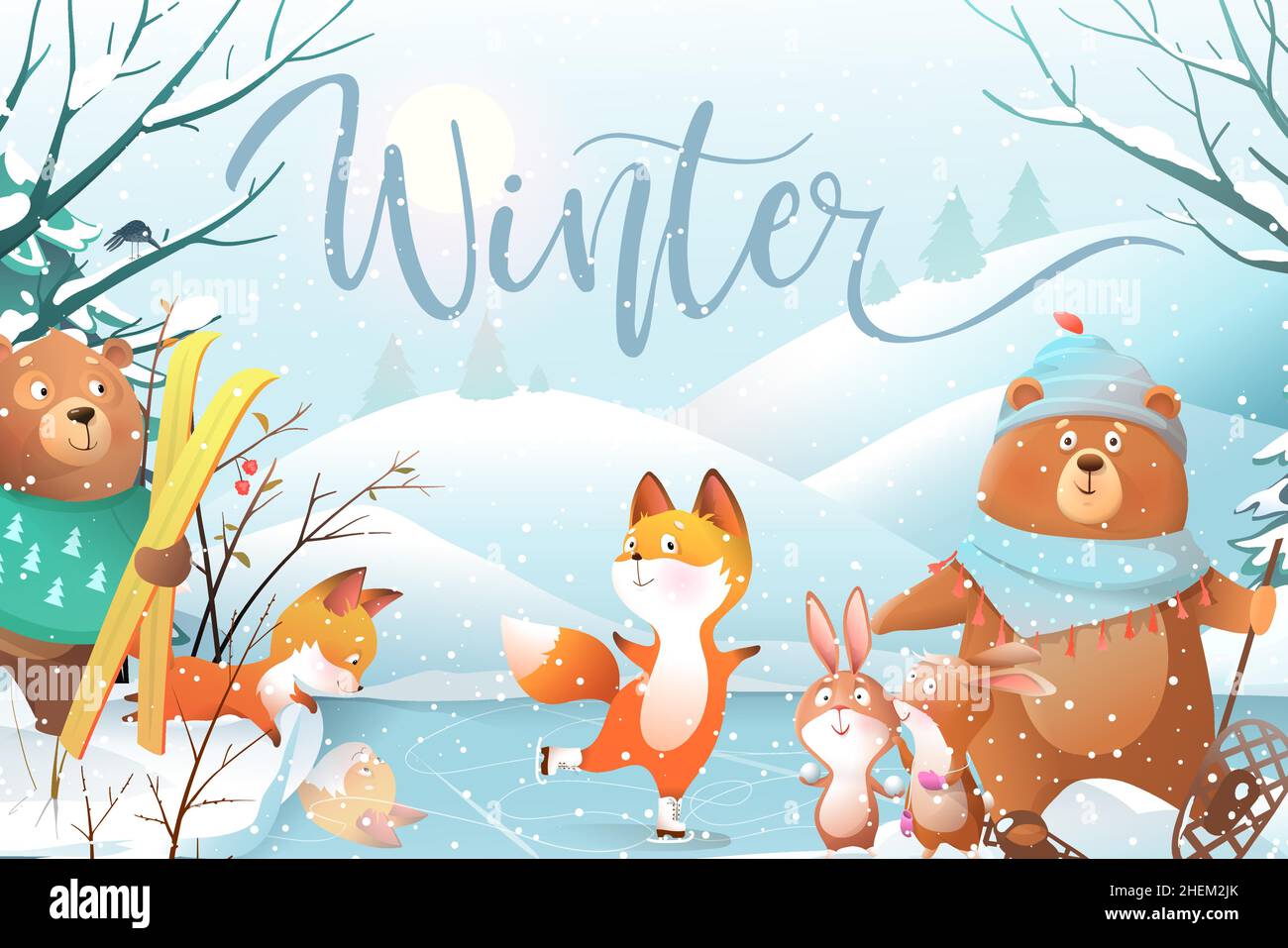 Animals in Winter Forest Skiing and Skating Stock Vector