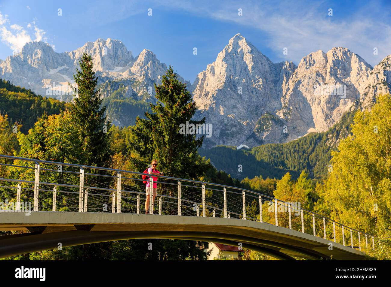 Bicyle Bridge near kranjska gora, panoramic view to spik mountain, Slovenia Stock Photo
