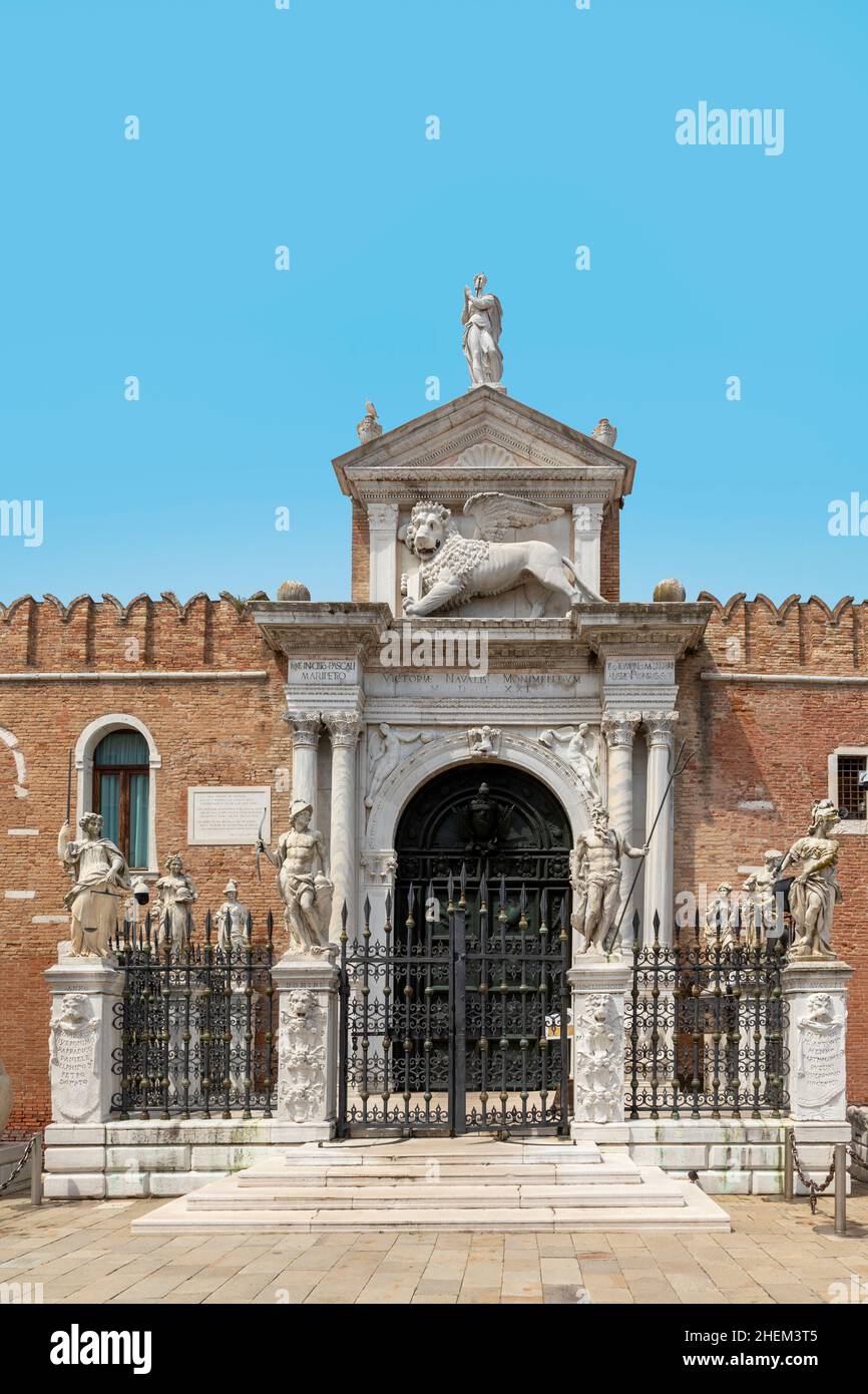 View of the historic main water entrance to the vast historic naval base of Venice, Arsenale Stock Photo