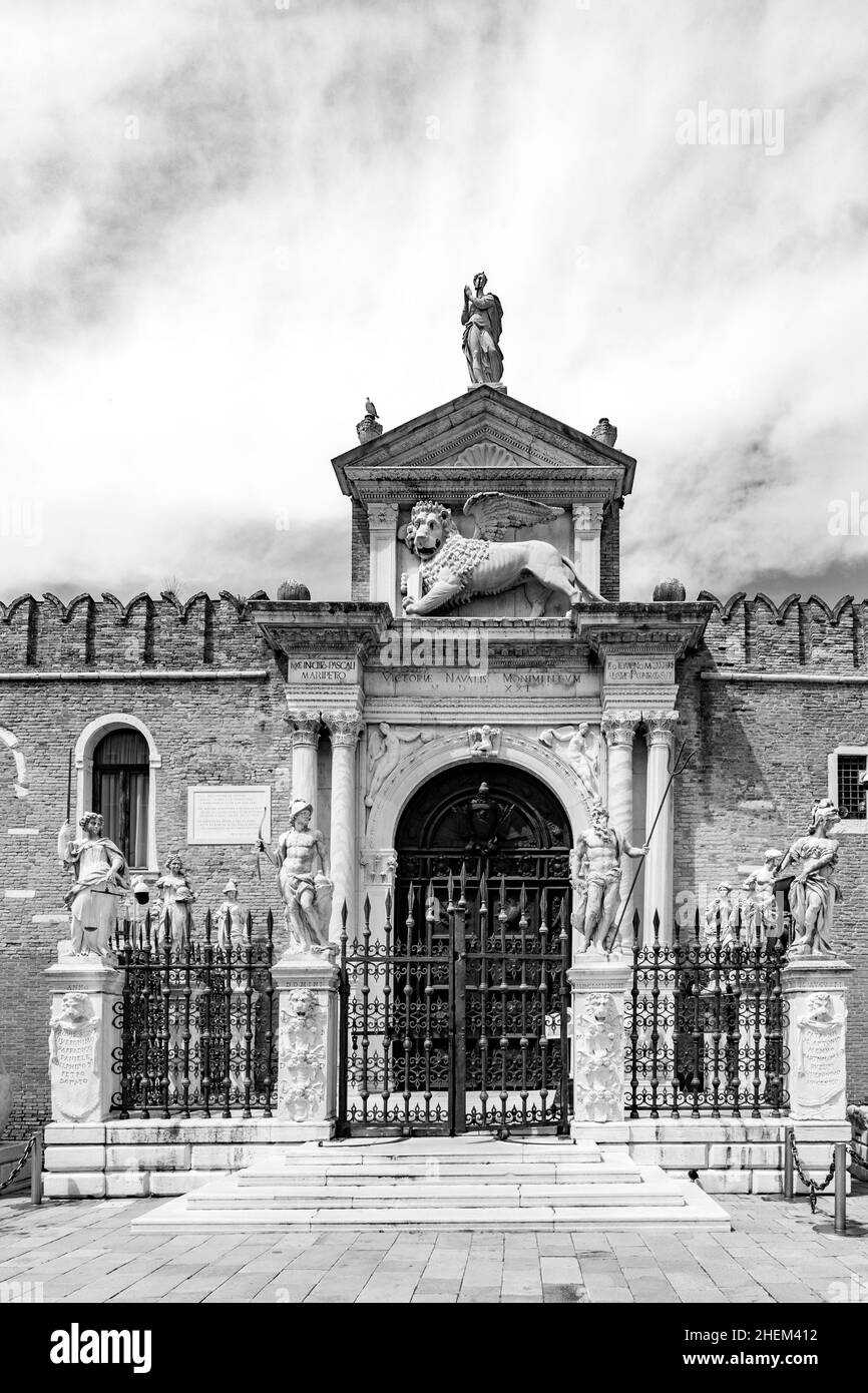View of the historic main water entrance to the vast historic naval base of Venice, Arsenale Stock Photo