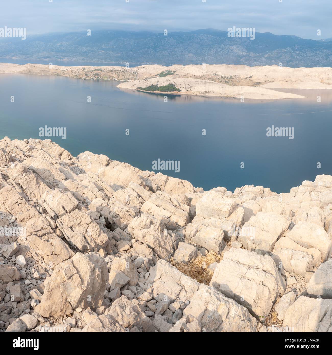 View of Velebit mountain range as seen from Crkva sv. Vid lookout, Pag island, Dalmatia, Croatia Stock Photo
