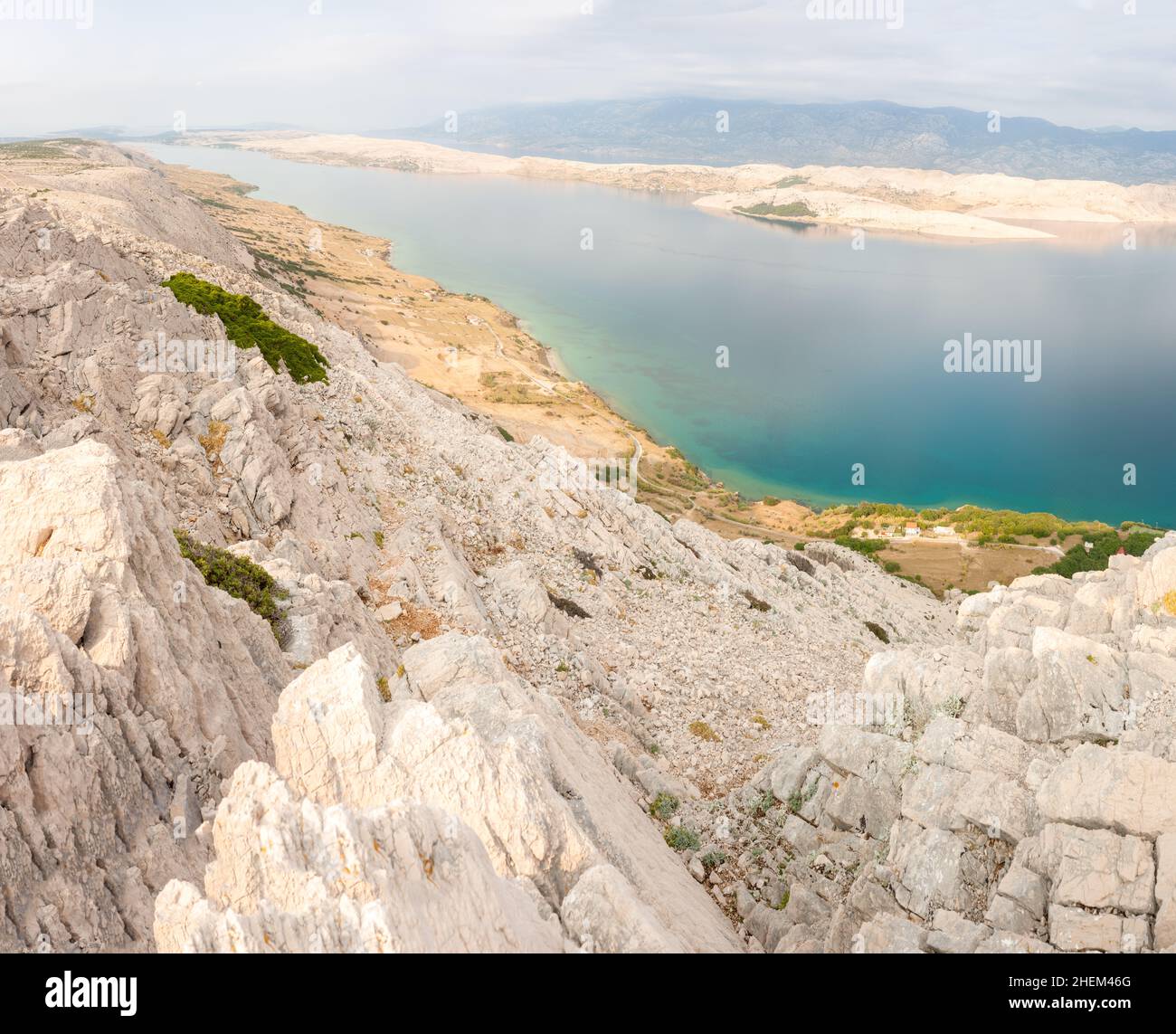 View of Velebit mountain range as seen from Crkva sv. Vid lookout, Pag island, Dalmatia, Croatia Stock Photo