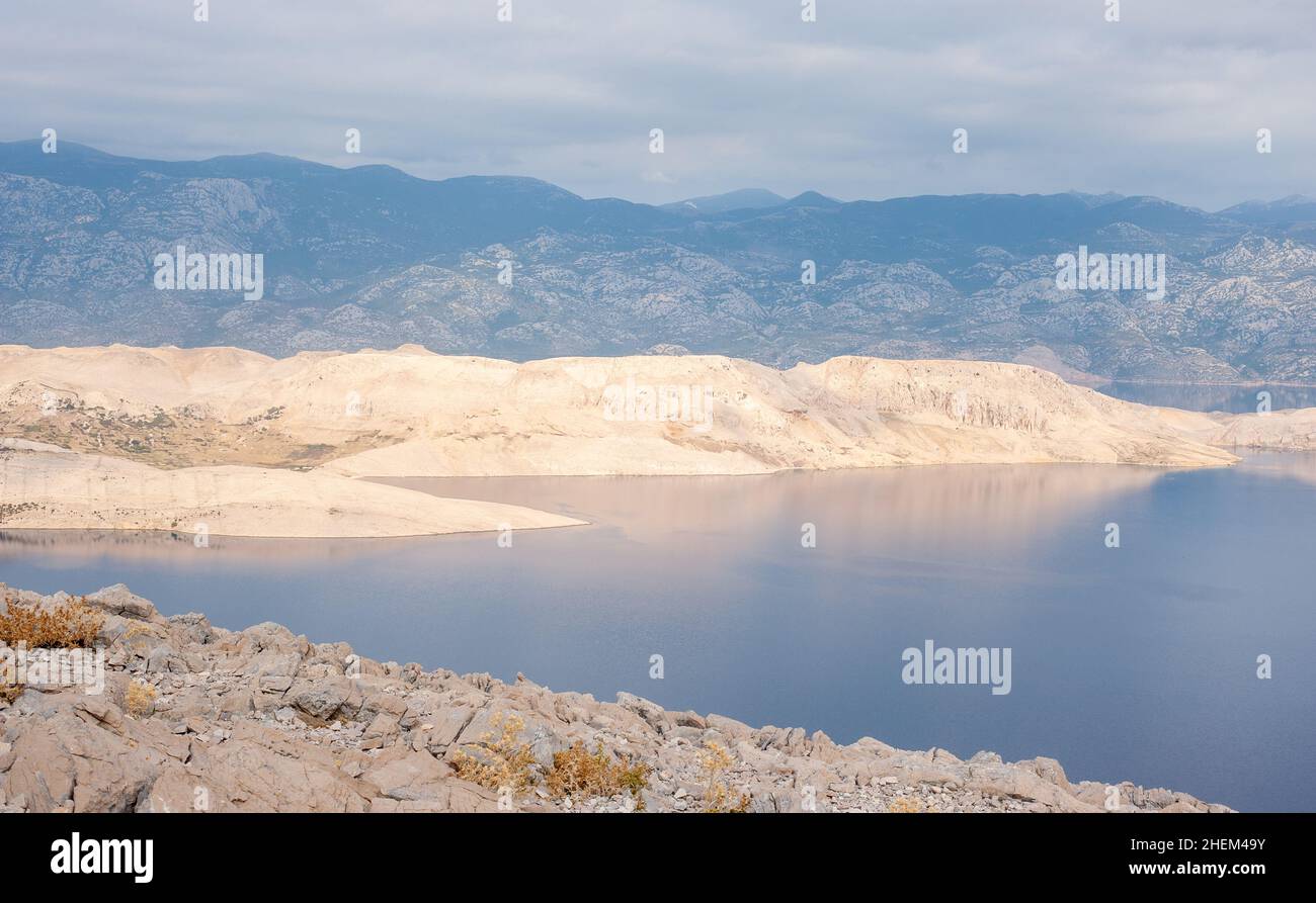 View of Velebit mountain range as seen from Crkva sv. Vid lookout, Pag island, Dalmatia, Croatia Stock Photo