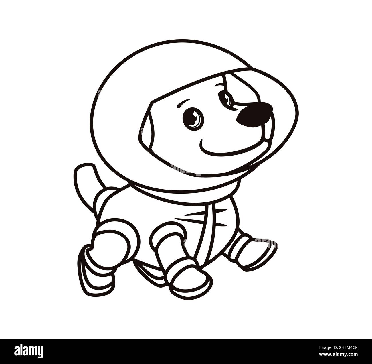 Coloring book: cute astronaut dog in space suit. Isolated vector illustration on white background in cartoon flat style, sticker. Stock Vector