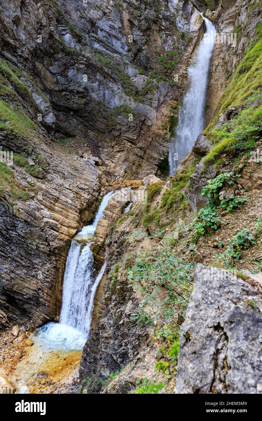 Martuljek Lower Waterfall on a early autuum day, hiking along river Martuljek, Slovenia Stock Photo