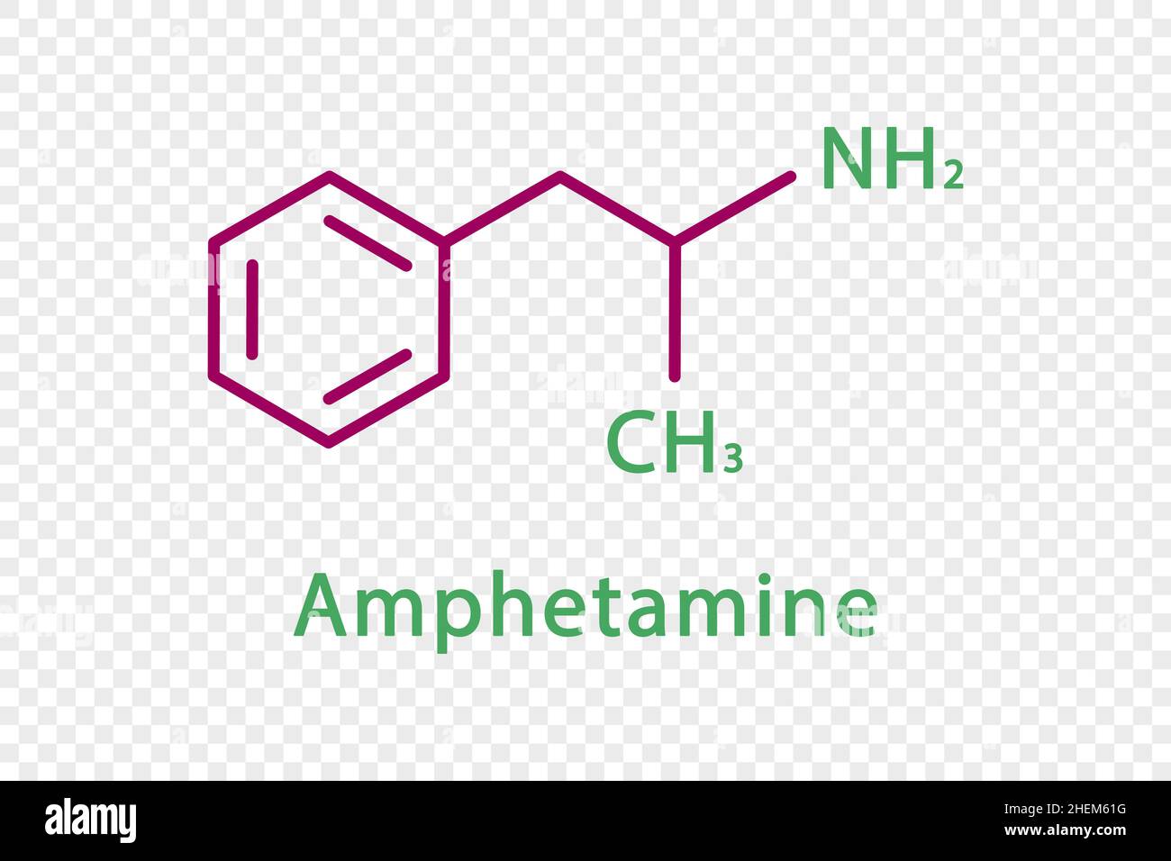Amphetamine chemical formula. Amphetamine structural chemical formula isolated on transparent background. Stock Vector