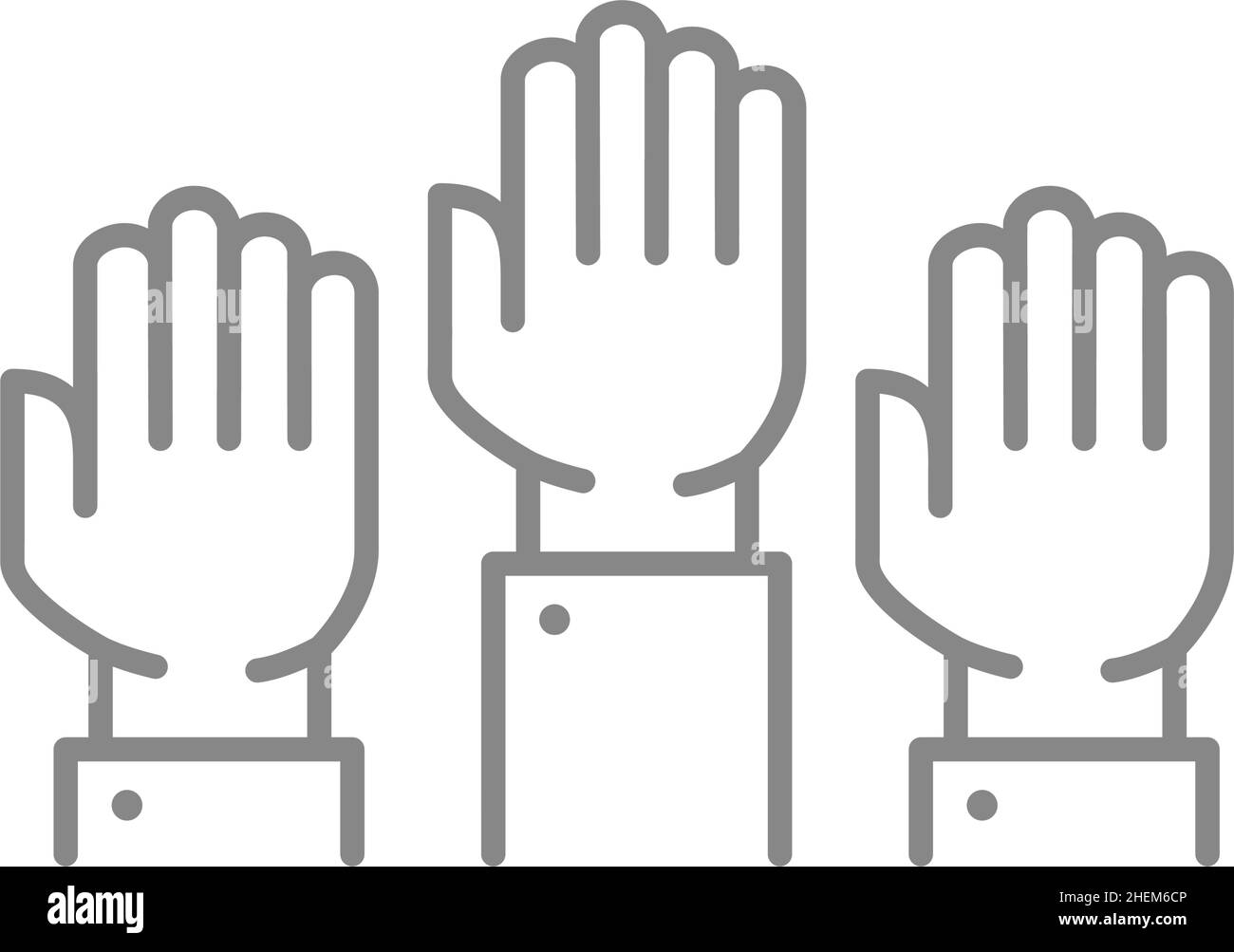 Three raised hands line icon. Solidarity, unity, teamwork symbol Stock Vector