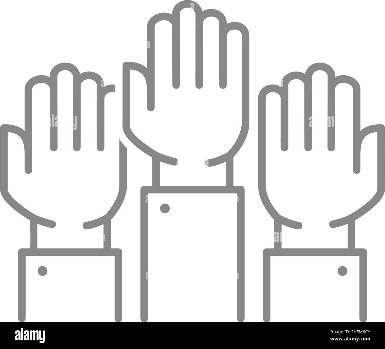 Three raised hands line icon. Cooperation, teamwork symbol Stock Vector