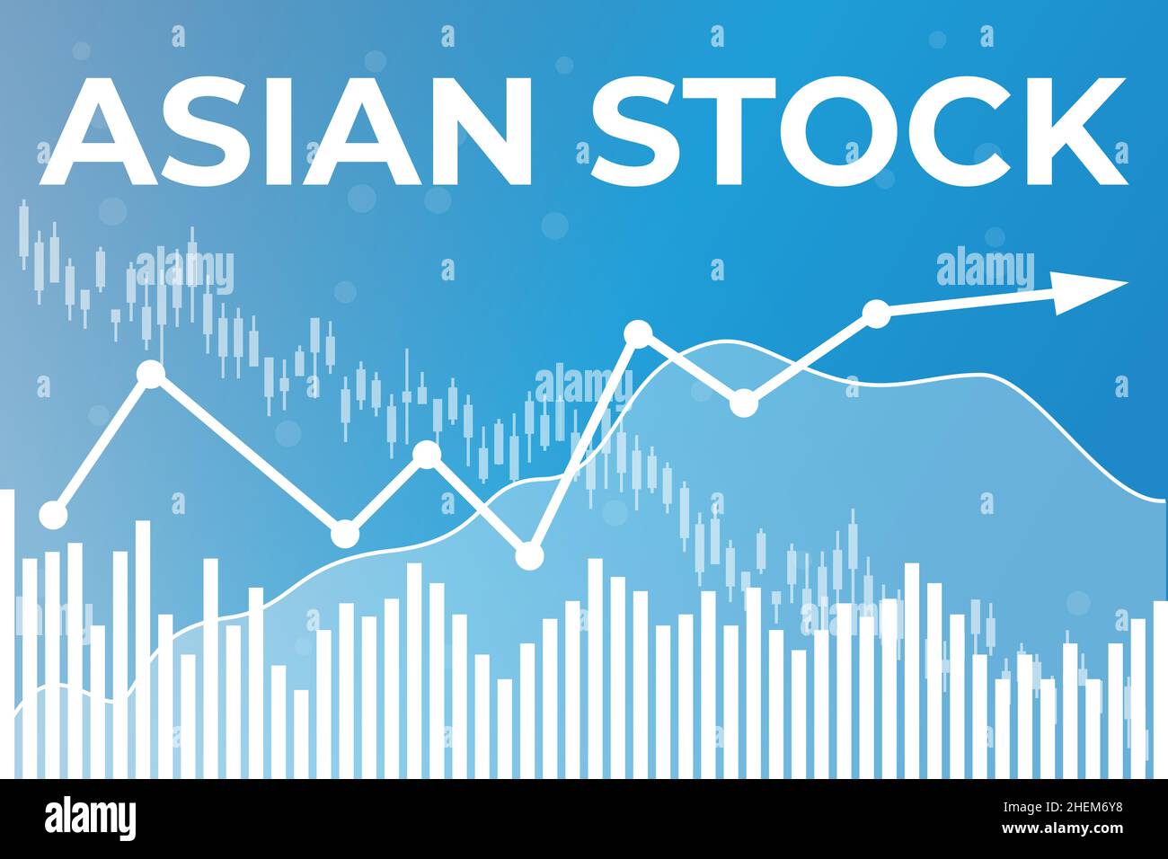 Term Asian stock on blue finance background with arrow. Analysis information on financial market concept Stock Vector