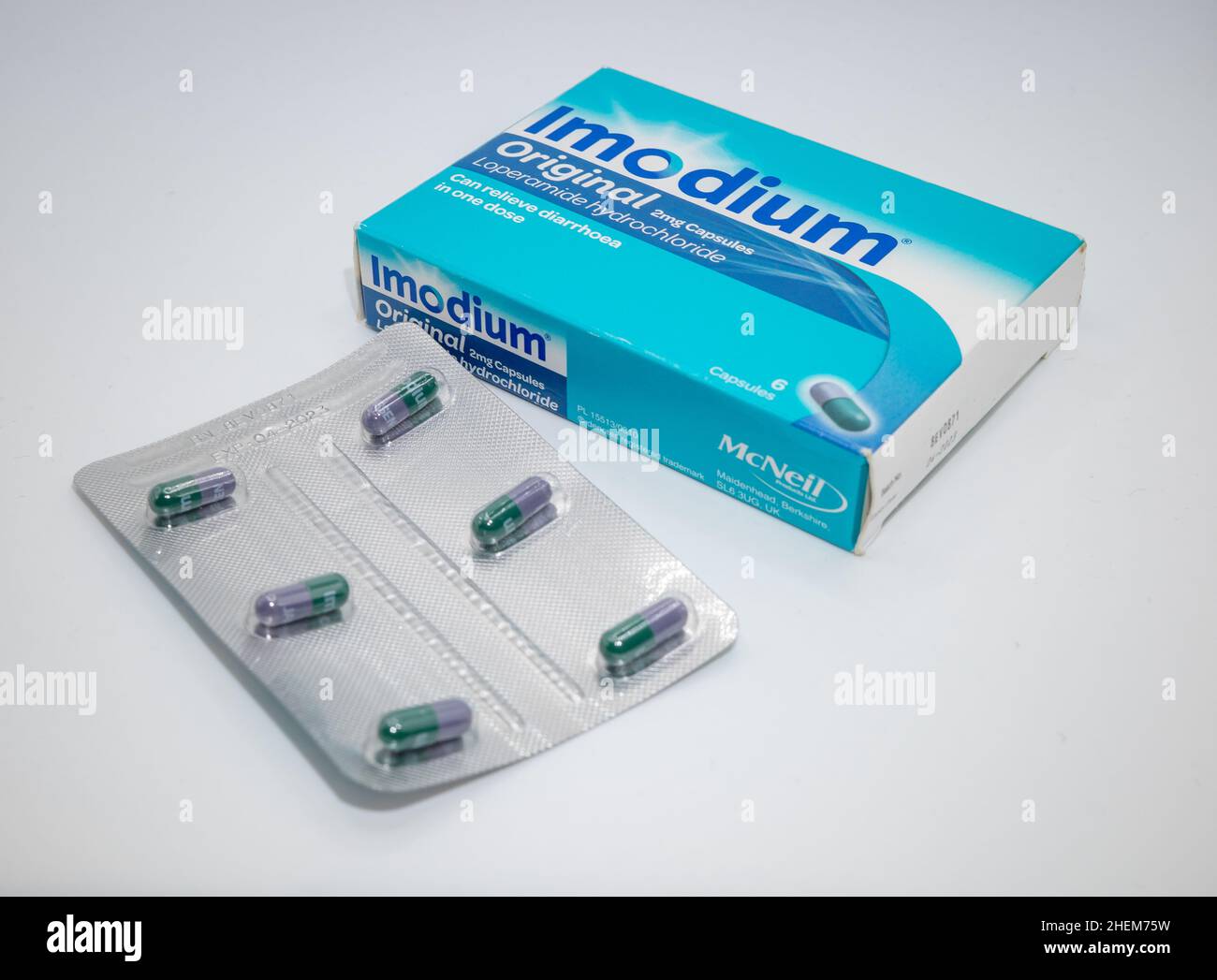 Norwich, Norfolk, UK – January 2022. Imodium diarrhoea control or prevention pills isolated on a plain white background Stock Photo
