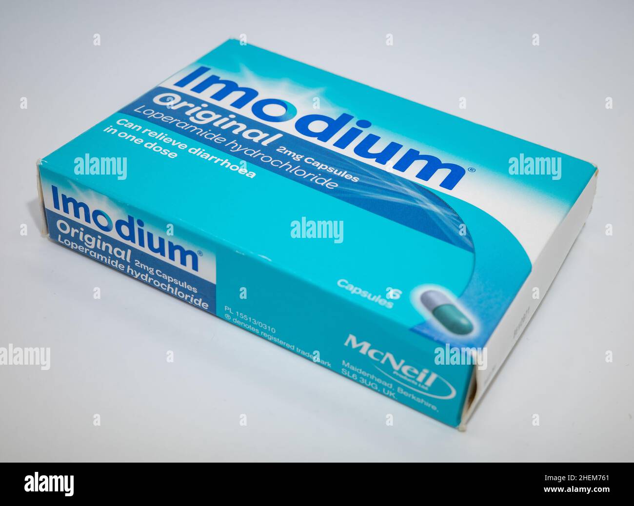 Norwich, Norfolk, UK – January 2022. Imodium diarrhoea control or prevention pills isolated on a plain white background Stock Photo