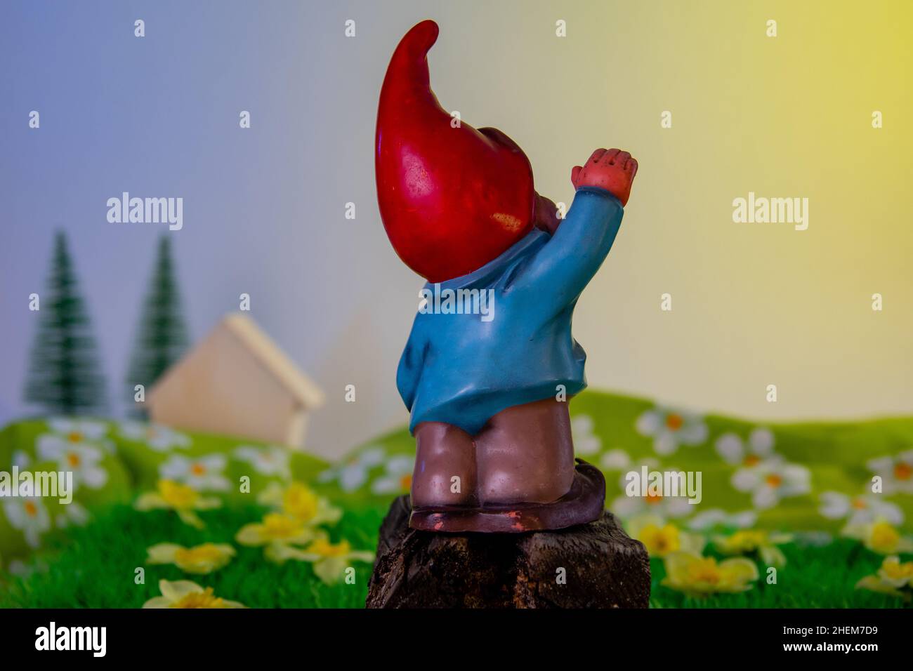 gnom with red bonnet on a flowering meadowland spring still-life Stock Photo