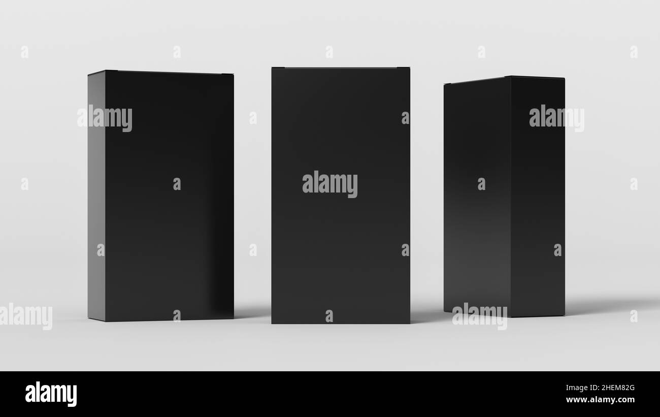 Gift box mock up three flat, tall and wide black boxes on white