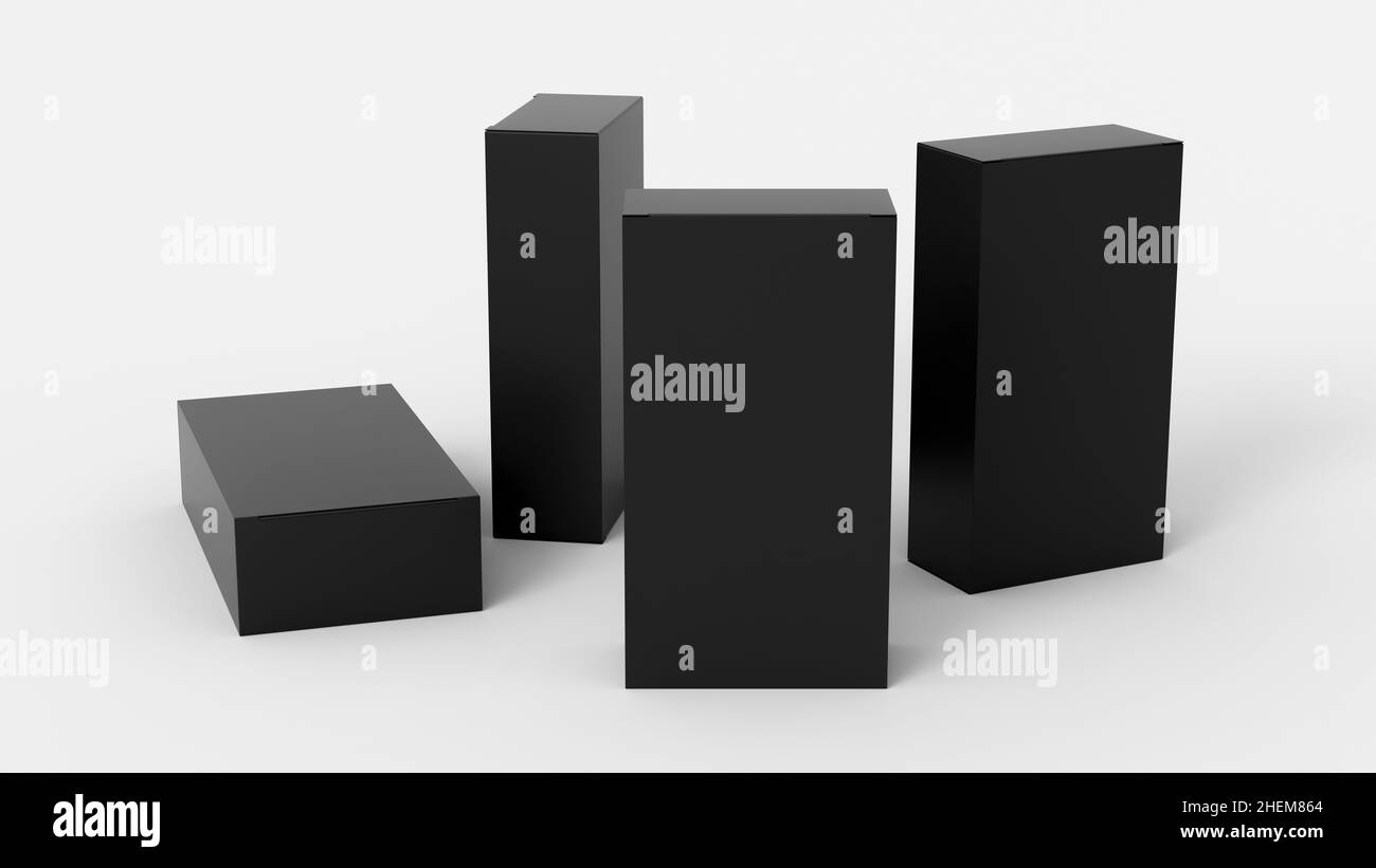 Gift box mock up four tall, wide and flat black boxes on white