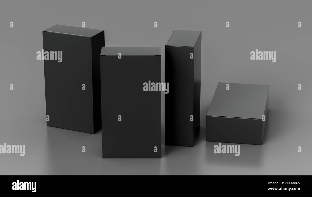 Gift box mock up four tall, wide and flat black boxes on gray