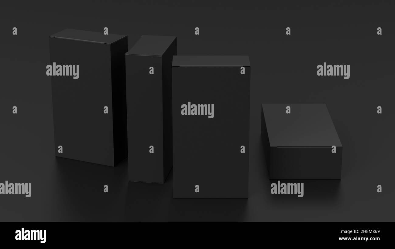 Gift box mock up four tall, wide and flat black boxes on black