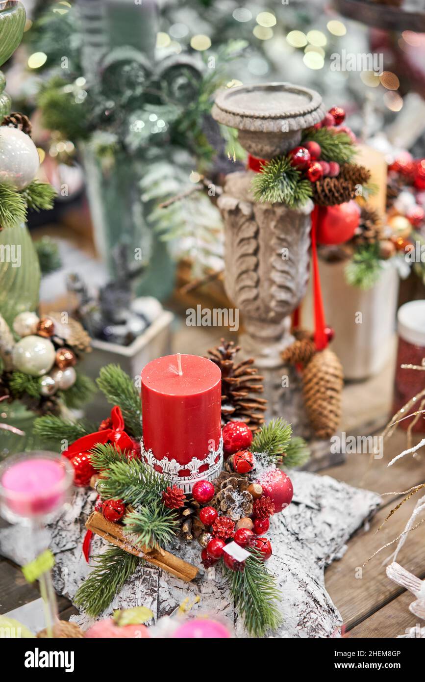 Market of decor . Lots of christmas decoration in store. Christmas shopping for new year tree Stock Photo