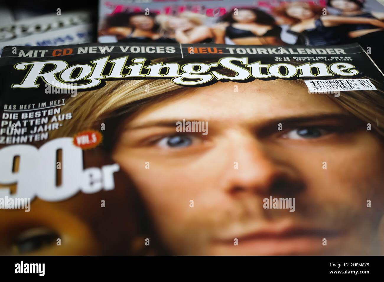 Viersen, Germany - May 9. 2021: Closeup of rolling stone paper print music magazine  cover with story about nirvana singer kurt cobain Stock Photo - Alamy