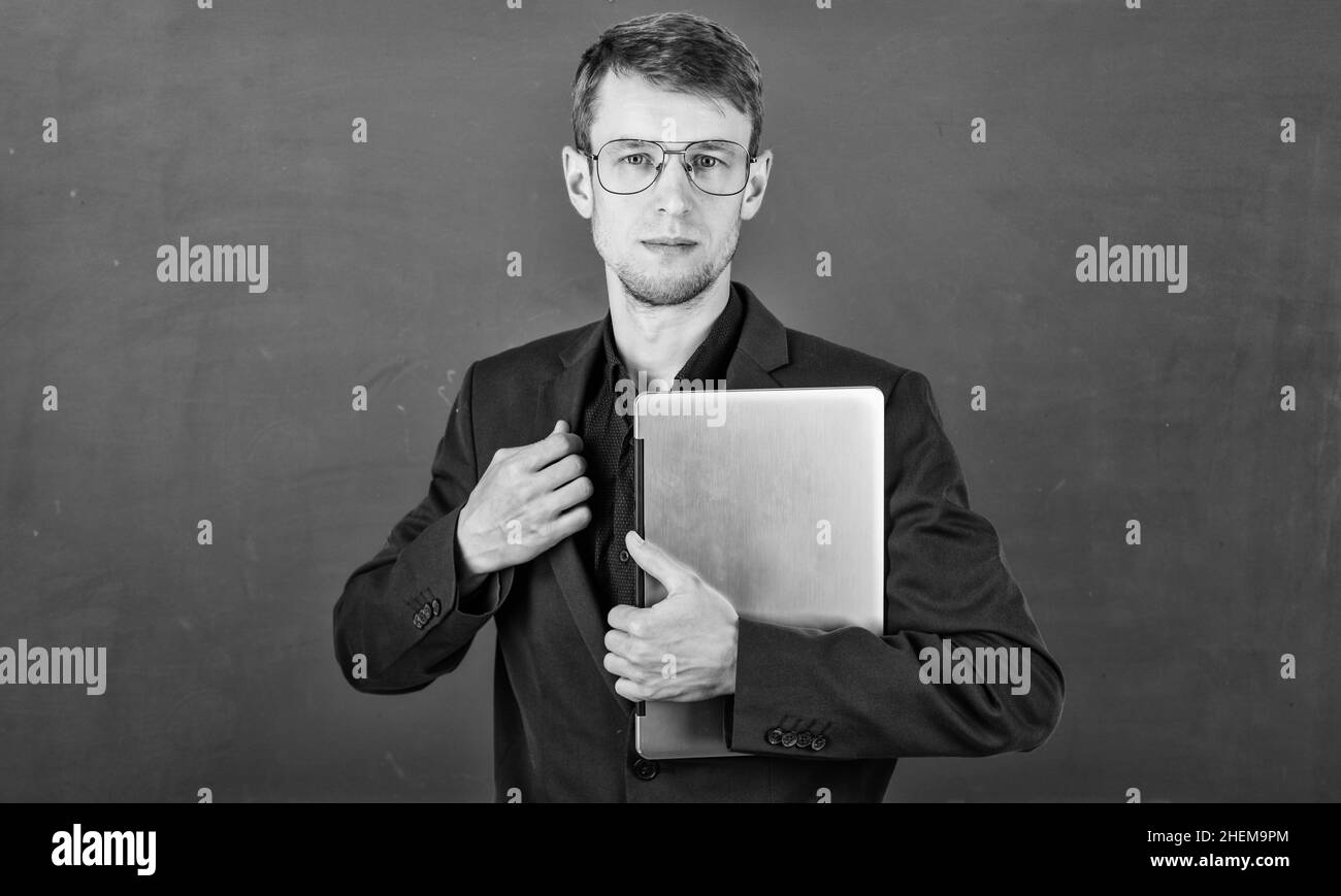 new technology. back to school. male with computer. knowledge ay ...