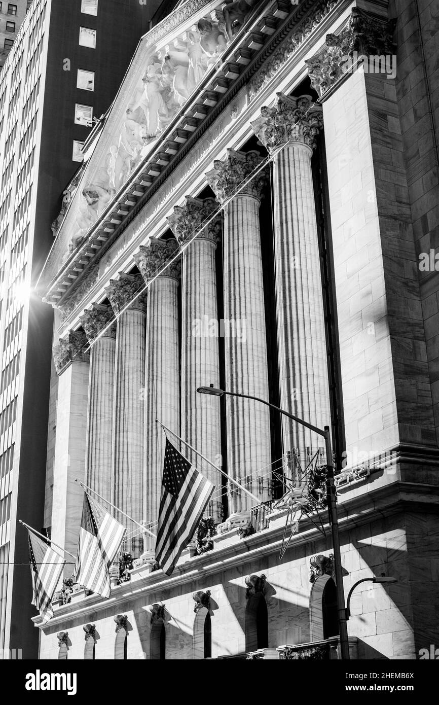 New York Stock Exchange building on sunny afternoon in late December