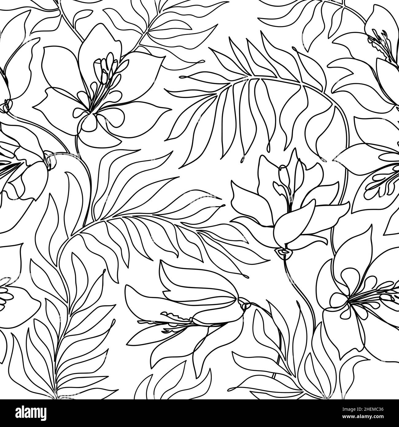 Floral pattern. Flower and leaves seamless line art drawn background